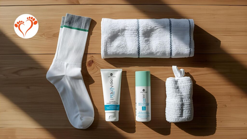 flat lay of socks anti friction balm towel and urea cream for athlete daily foot care