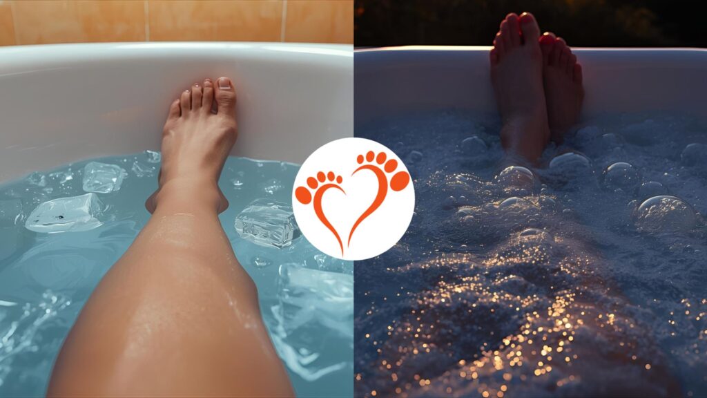 athlete soaking feet in alternating ice and warm water tubs for recovery