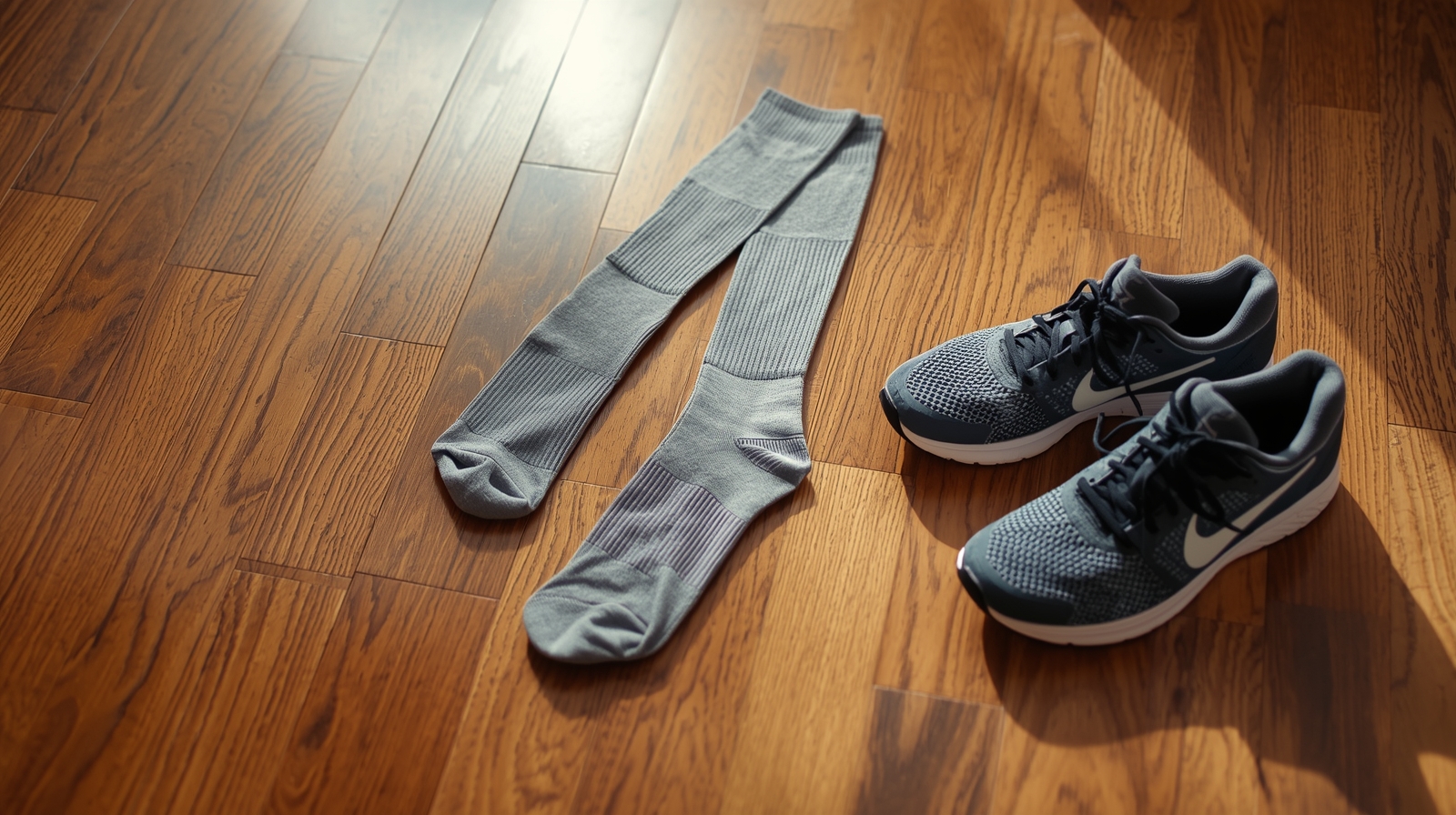 stylish-compression-socks-placed-with-running-shoes-for-foot-pain-relief.